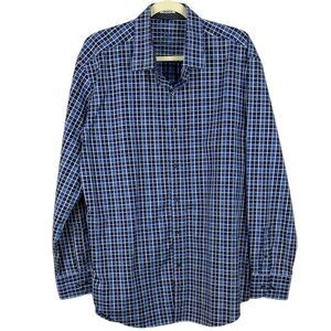Bugatchi Uomo Cotton Navy White Plaid Shaped Fit Long Sleeve Large Men's Shirt